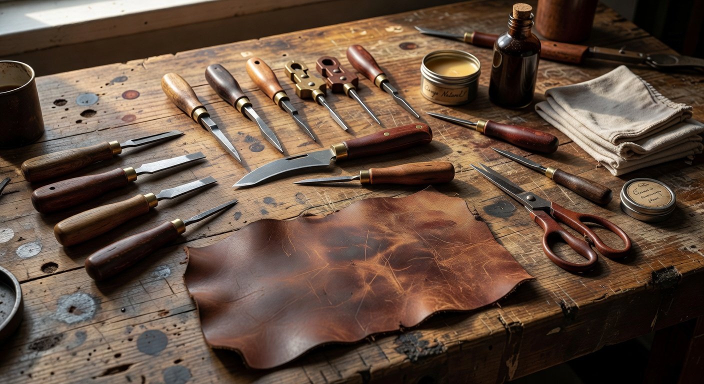 Outils de rénovation cuir posés sur une table en bois